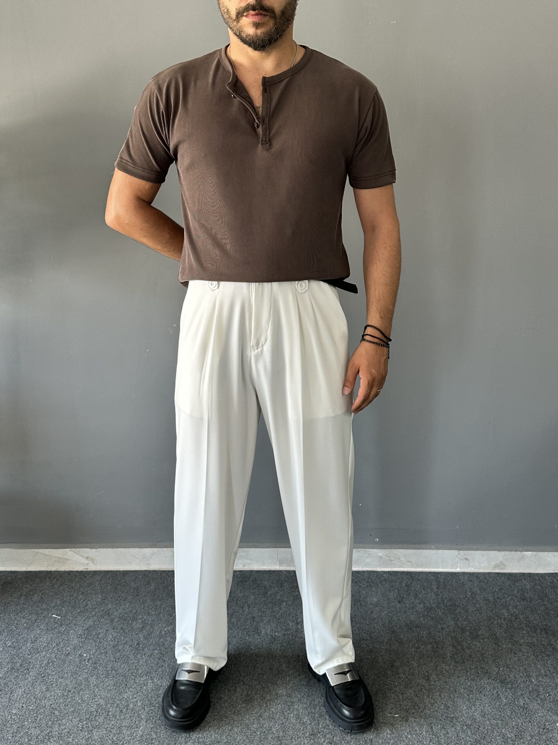 Oyşo Kumaş Henley Yaka Regular Kahve T-Shirt