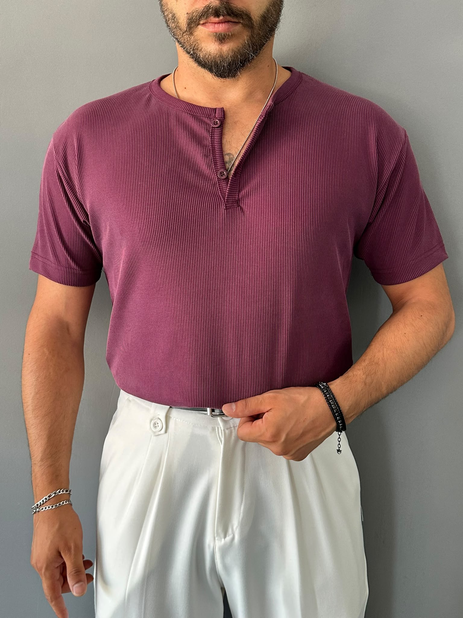 Oyşo Kumaş Henley Yaka Regular Mor T-Shirt