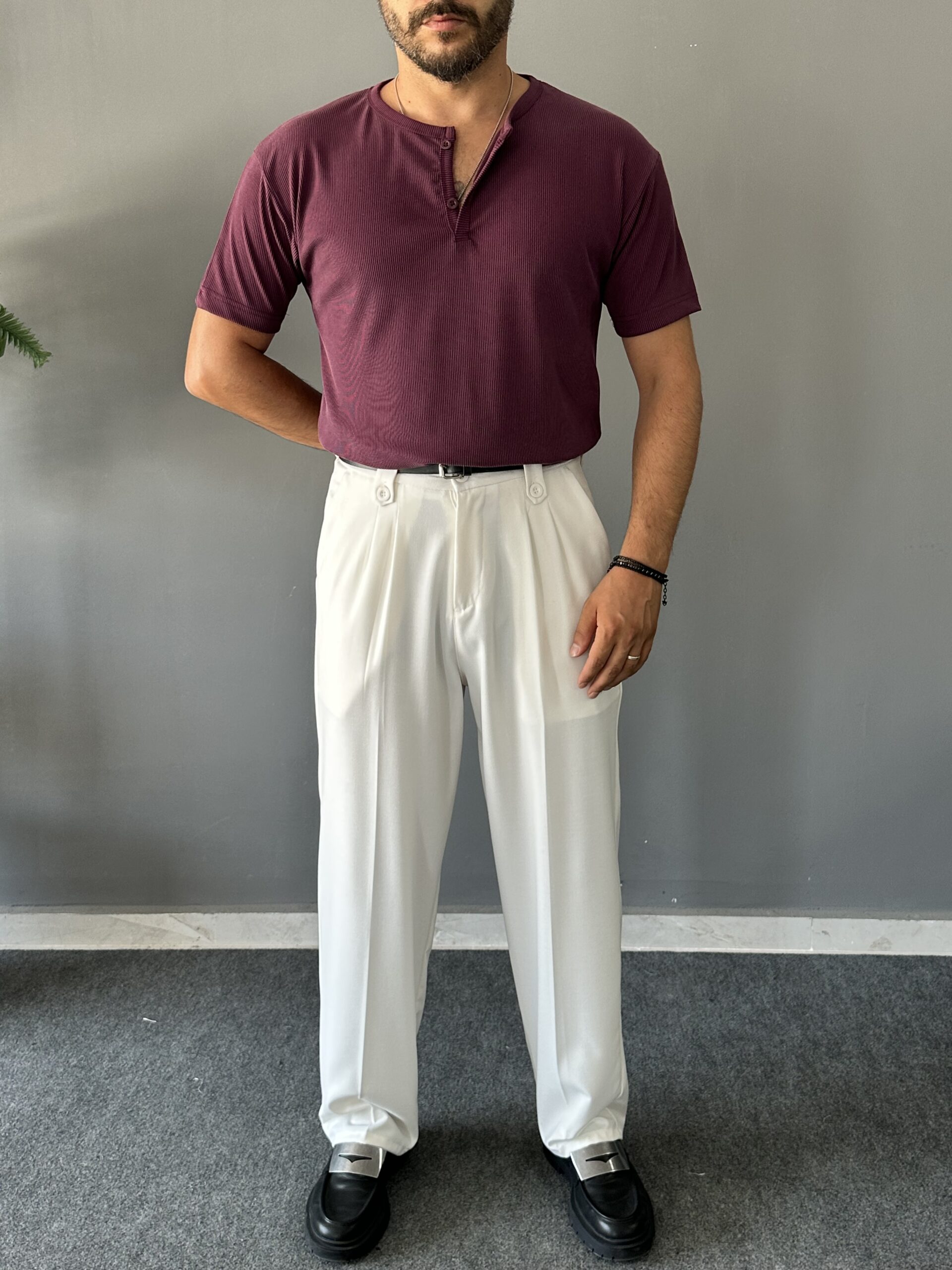Oyşo Kumaş Henley Yaka Regular Mor T-Shirt