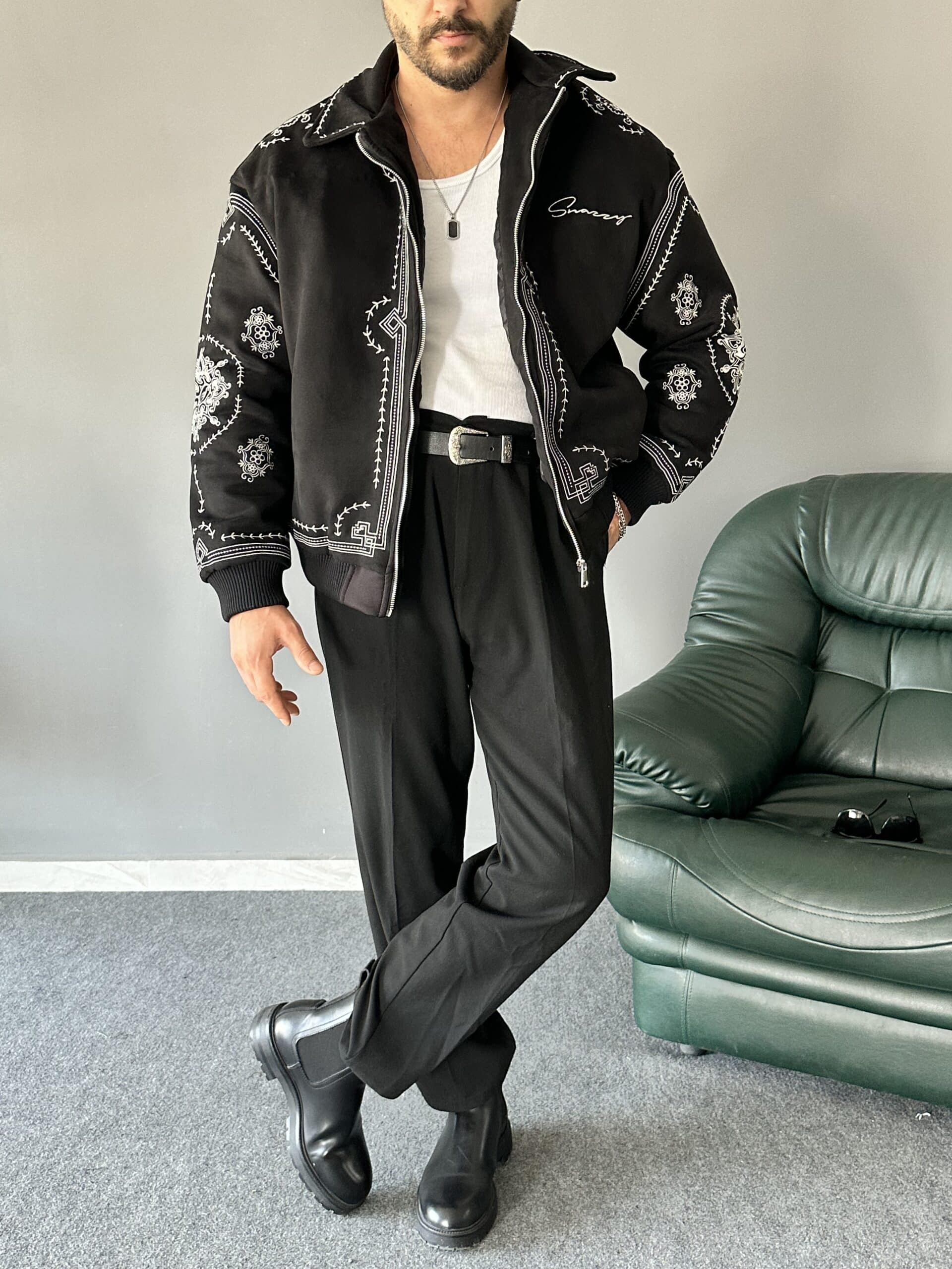 Premium Koleksiyon Nakış İşlemeli Siyah Bomber Mont
