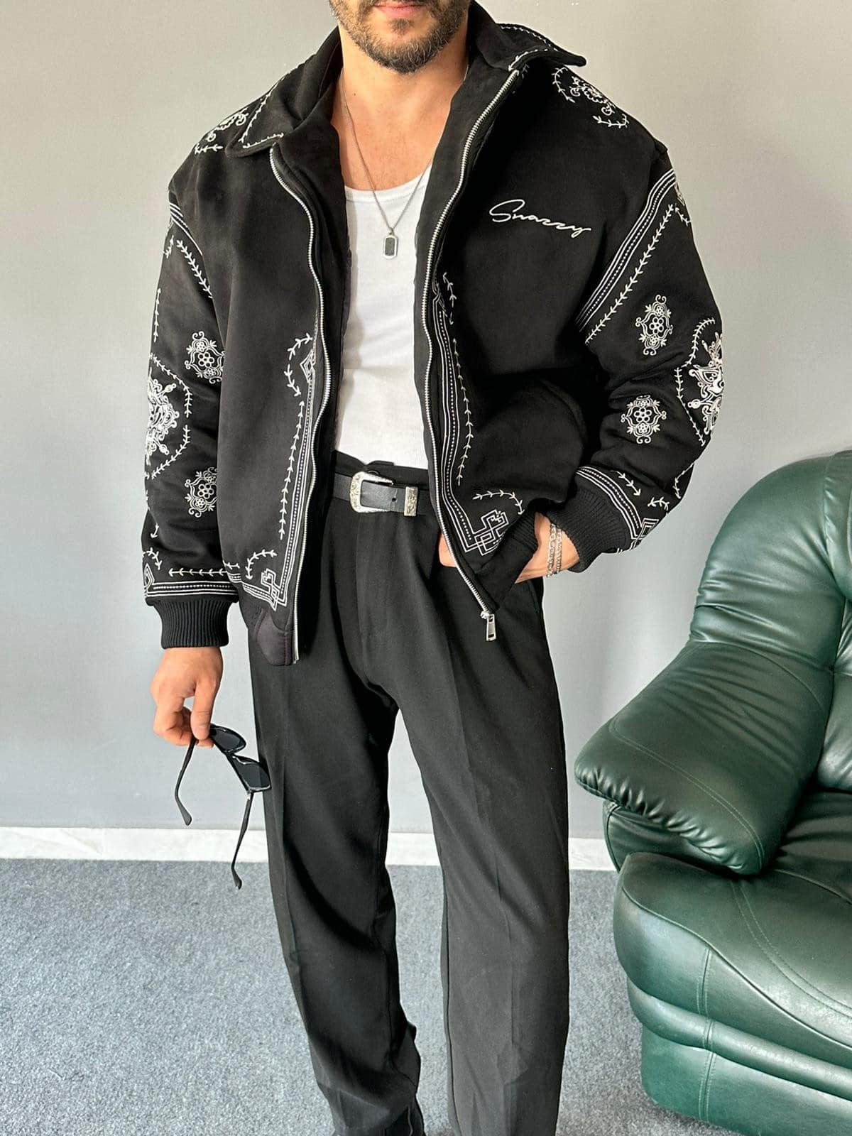 Premium Koleksiyon Nakış İşlemeli Siyah Bomber Mont