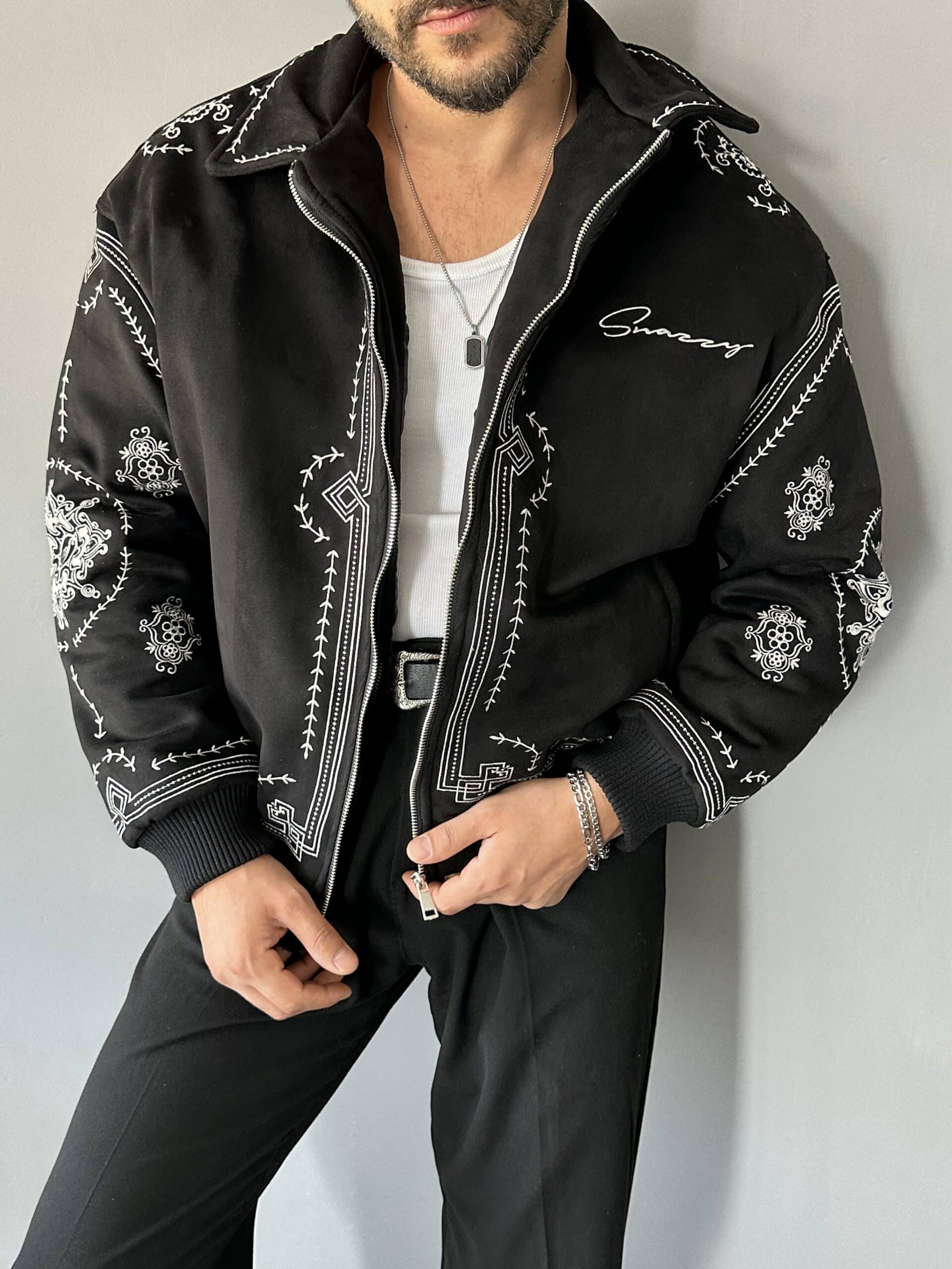 Premium Koleksiyon Nakış İşlemeli Siyah Bomber Mont