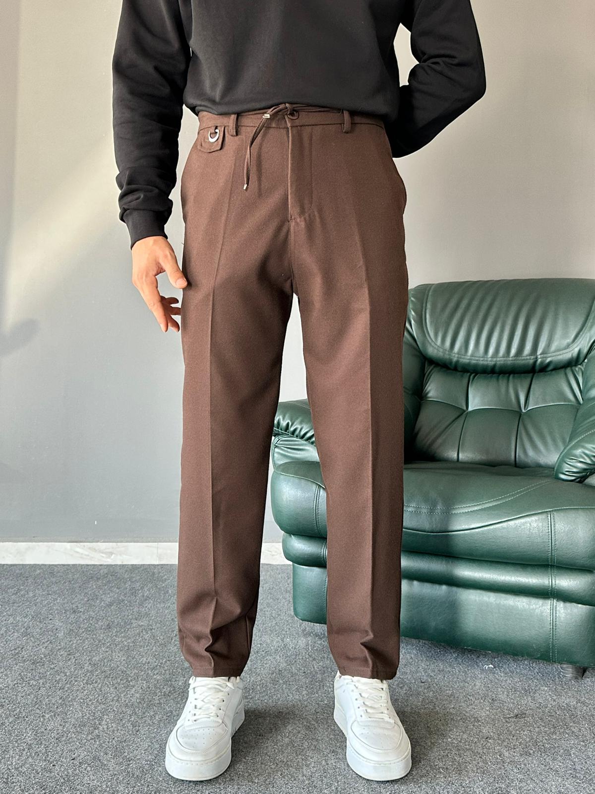 Yün Kumaş Bağcıklı Kahve Regular Pantolon
