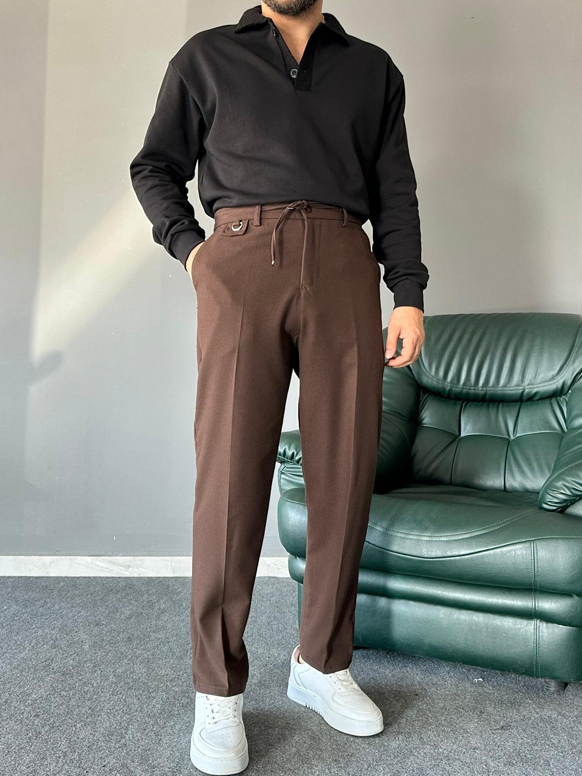 Yün Kumaş Bağcıklı Kahve Regular Pantolon