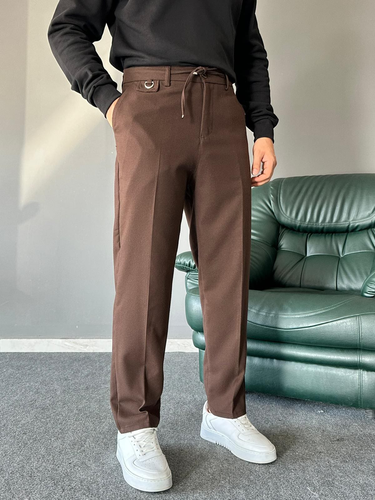 Yün Kumaş Bağcıklı Kahve Regular Pantolon