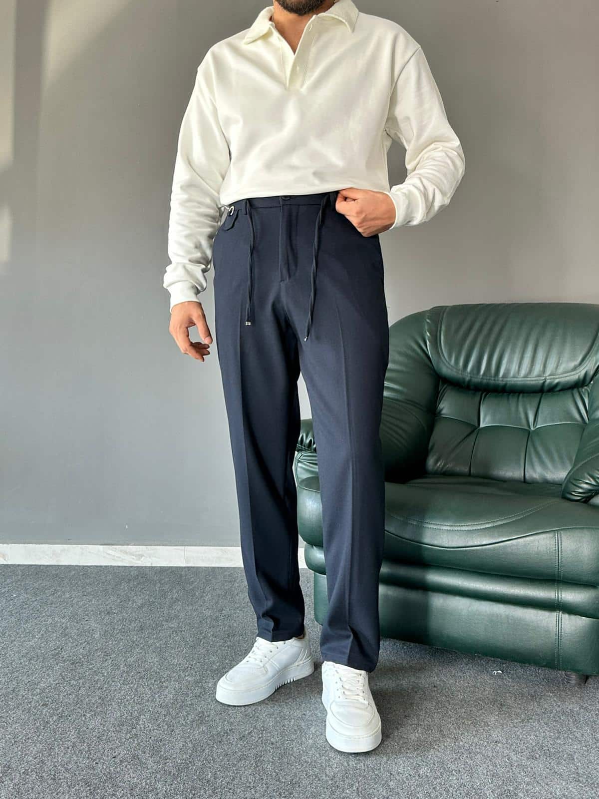 YÜn Kumaş Bağcıklı Lacivert Regular Pantolon