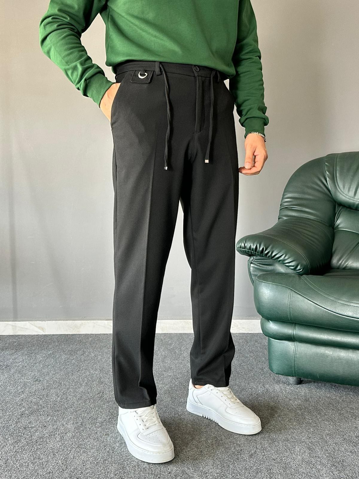 Yün Kumaş Bağcıklı Siyah Regular Pantolon
